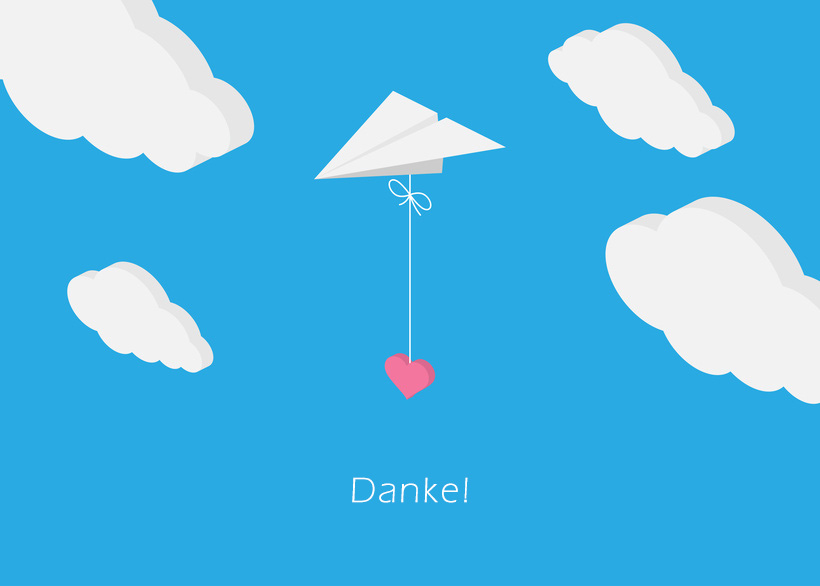Paper plane hanging heart flying in the blue sky and cloud backg